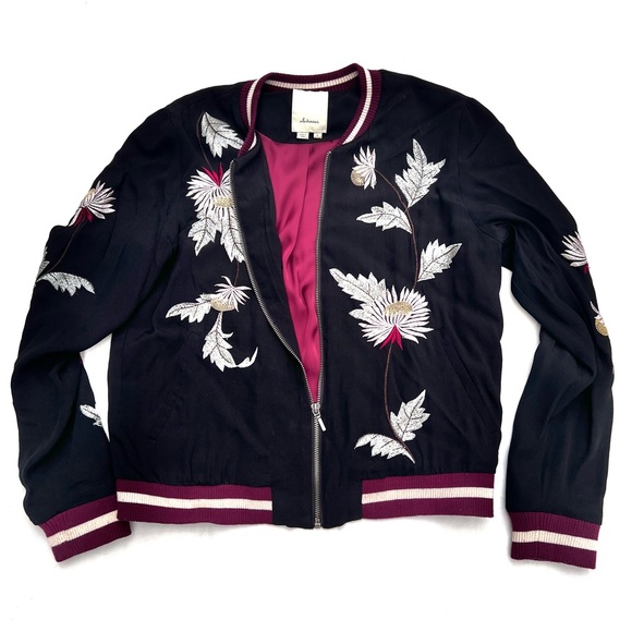 Elevenses Anthropologie Black Embroidered Satin Varsity style Jacket Small - Picture 1 of 8